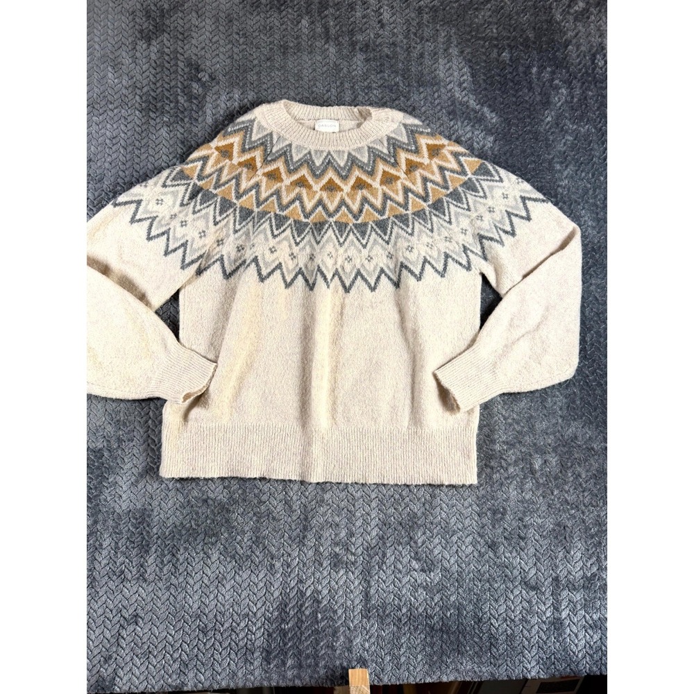 C.a.s.l.o.n Fair Isle Sweater Women Medium Ivory Stretch Raglan Sleeve Crew Neck